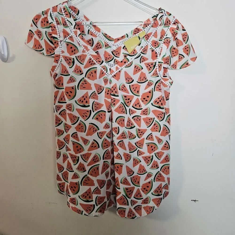 Maeve Anthropologie Womens Top Watermelon Picnic Days Size 2 Short Sleeve